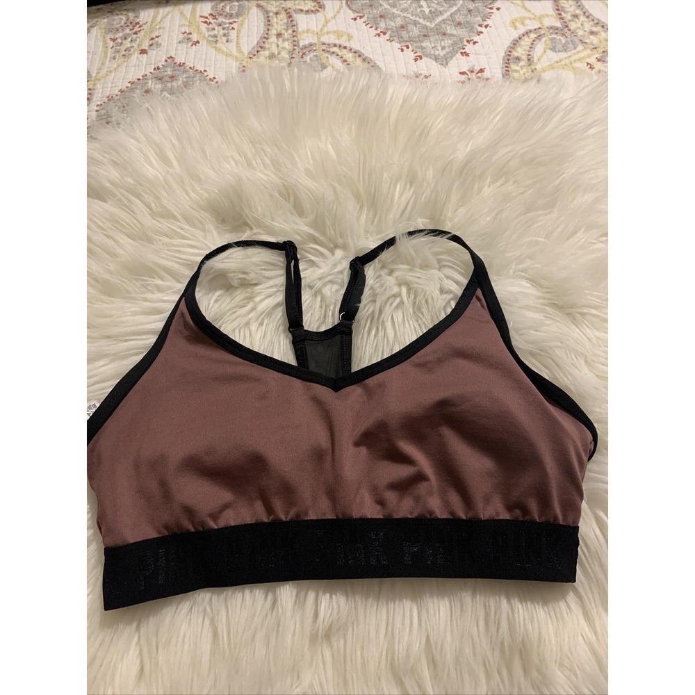 victoria secret pink ultimate lightly lined sports bra large brown logo belt